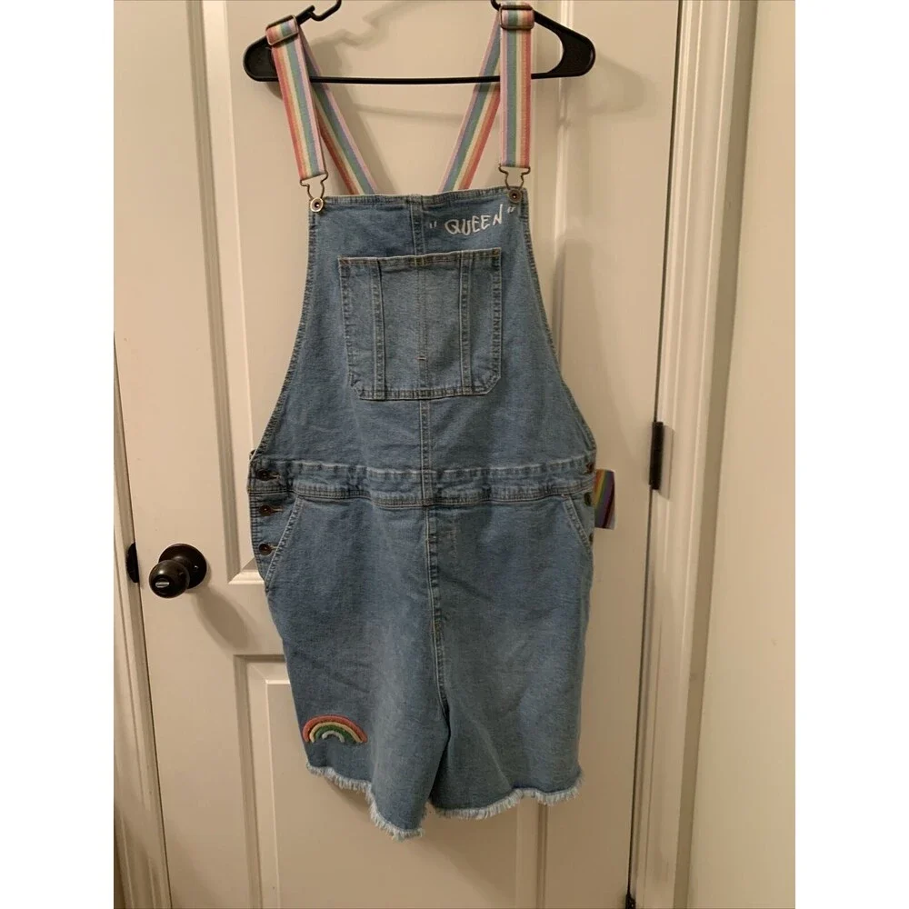 Take Pride Women's QUEEN Blue Denim Bib Overalls Rainbow